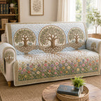Three Trees on Pale Blue with Flowers Sofa Cover
