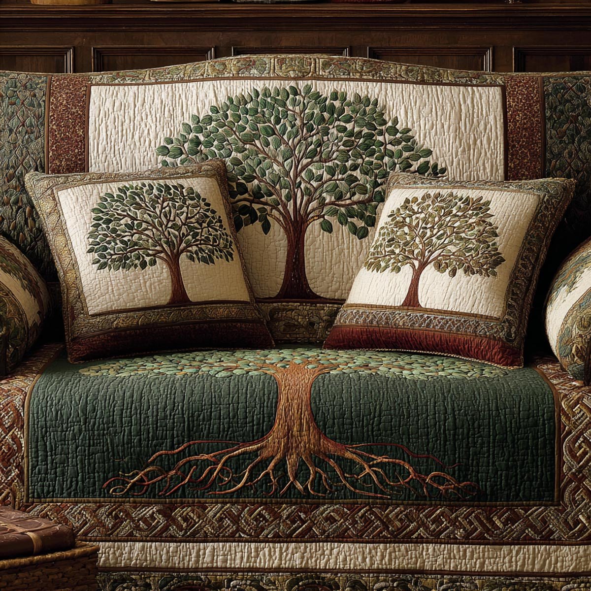 Tree of Life on Green Celtic Quilt Sofa Cover
