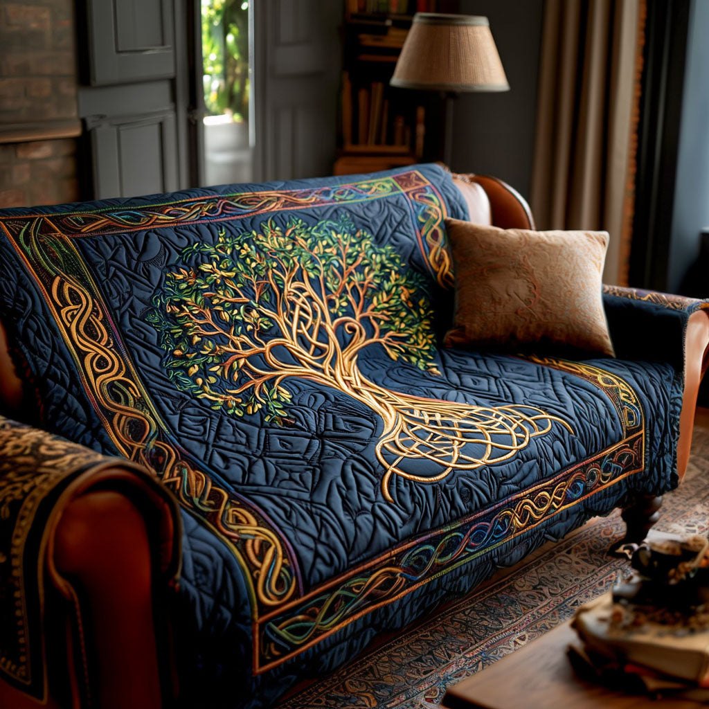 Golden Tree on Blue Celtic Quilt Sofa Cover