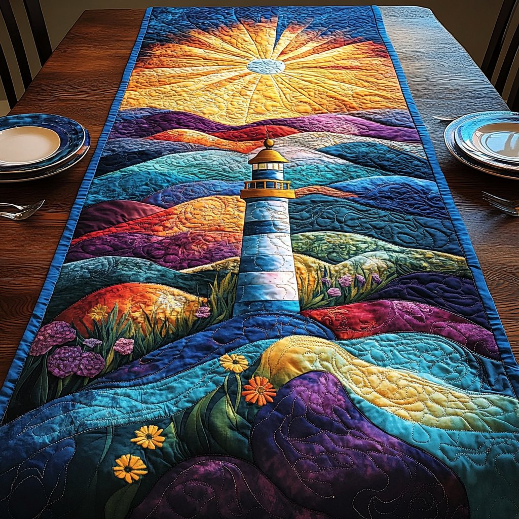 Lighthouse Among Purple Hills Table Runner