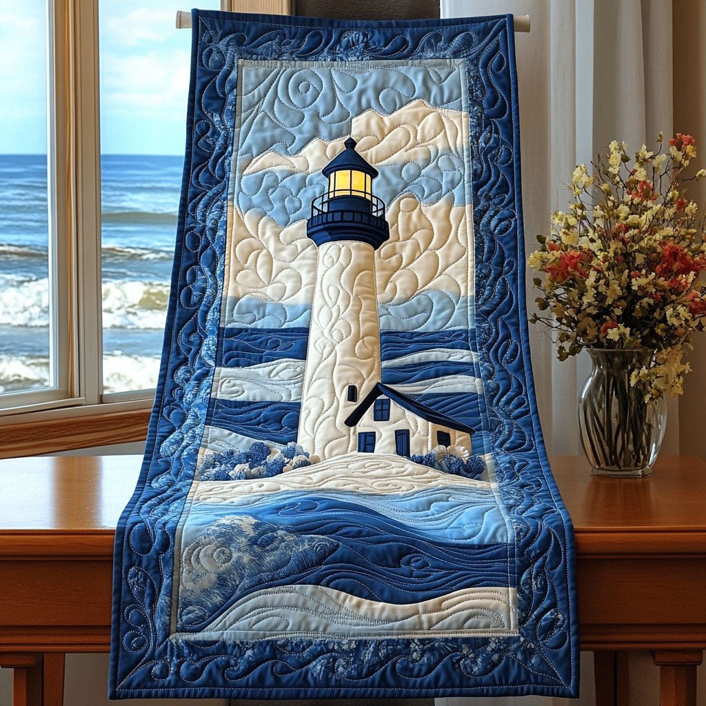 Lighthouse on Deep Blue Waves Table Runner