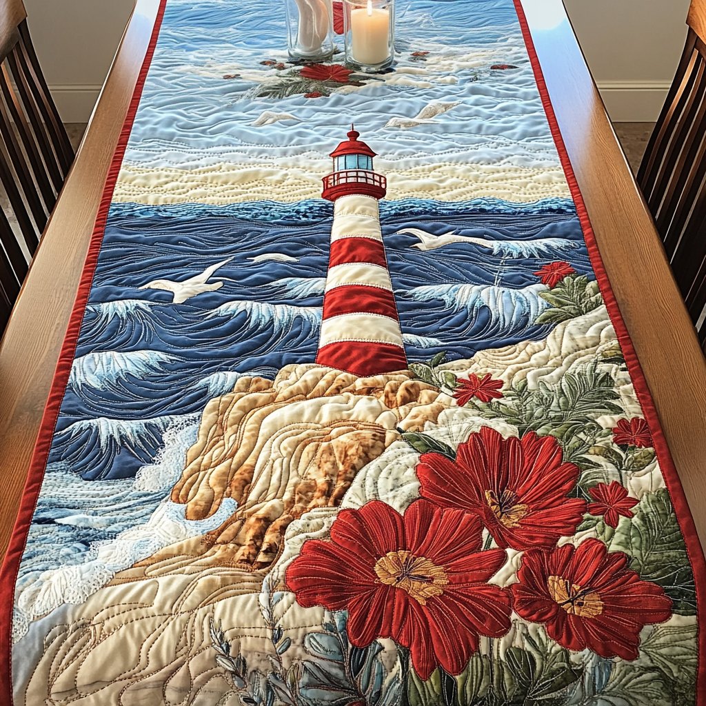 Striped Lighthouse with Red Blooms Table Runner