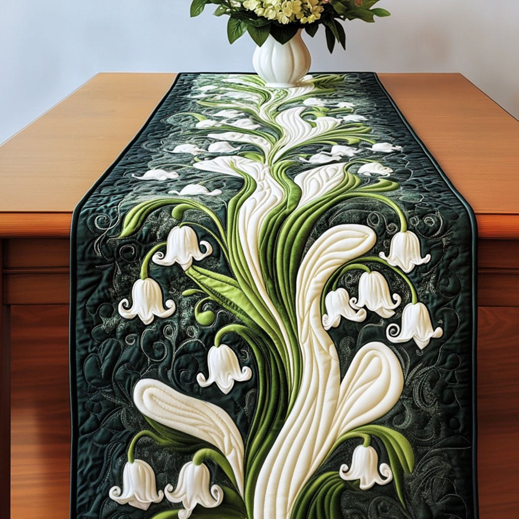 Lily Blossom Lily of the Valley on Dark Green Table Runner