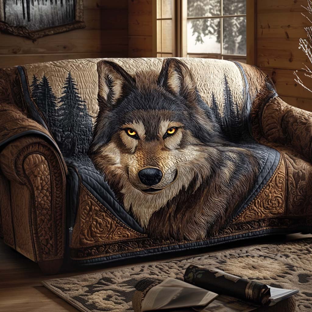 Wolf Face on Grey Quilted Fur Sofa Cover