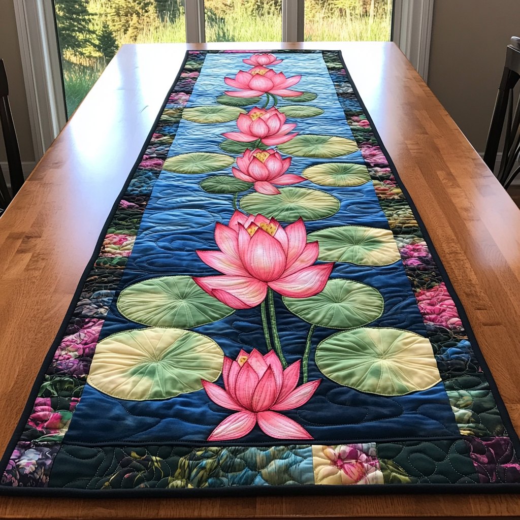 Pink Lotus on Navy Water Table Runner