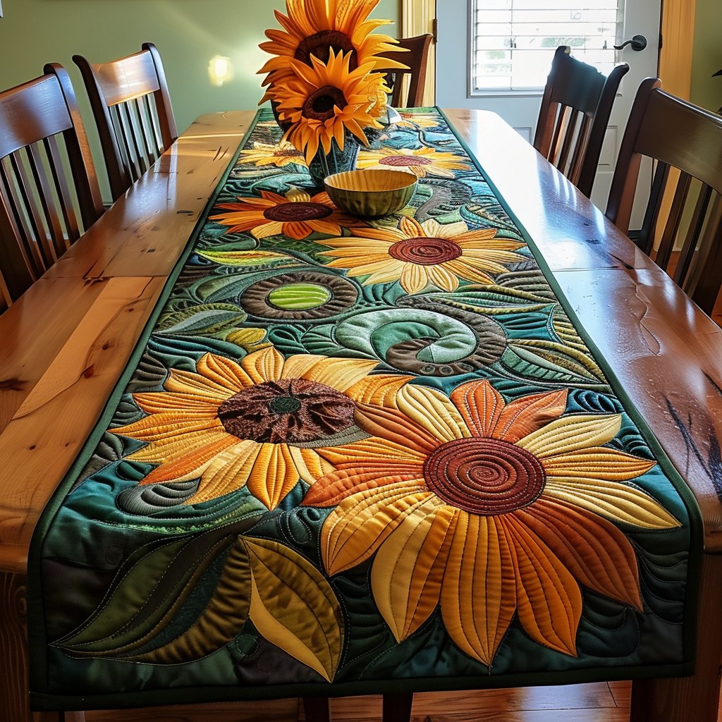 Golden Sunflowers on Green Panel Table Runner