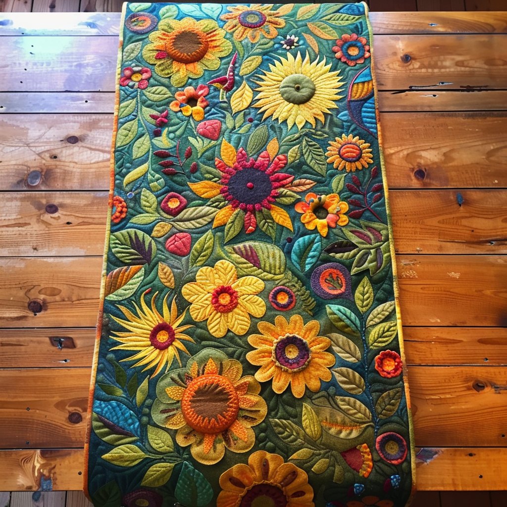 Sunflowers and Wildflowers on Green Table Runner