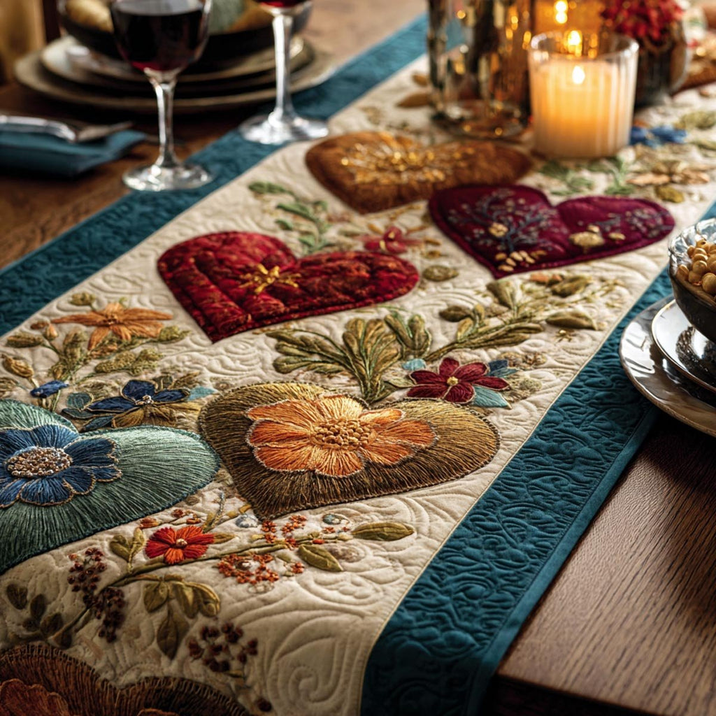 Autumn Heart with Leaves and Berries Table Runner