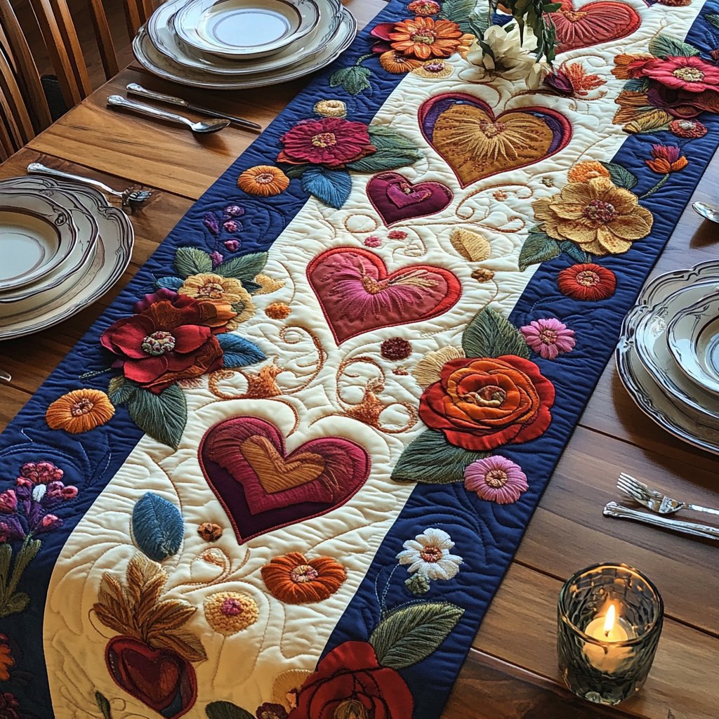 Hearts and Flowers on Blue Table Runner