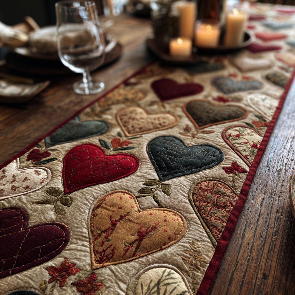 Velvet Hearts in Muted Tones Table Runner