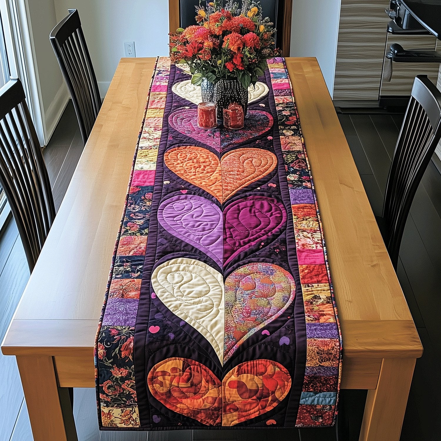 Bright Hearts on Purple Panel Table Runner