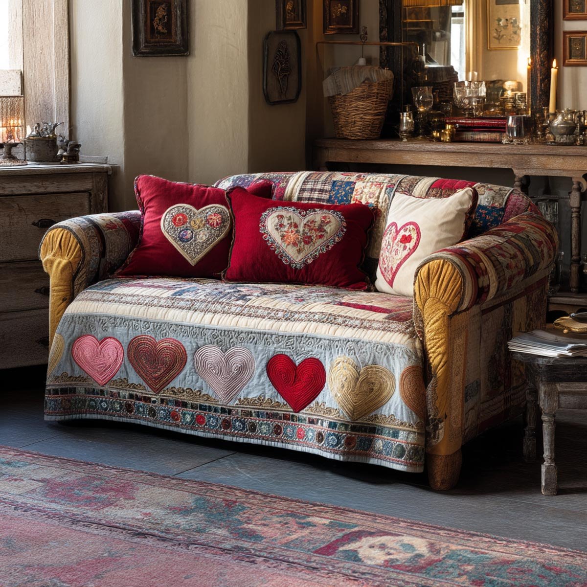 Hearts on Cream with Red Pillows Sofa Cover