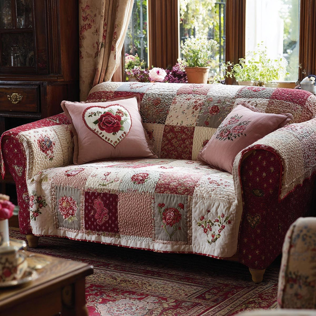 Hearts and Roses on Pink Patchwork Sofa Cover