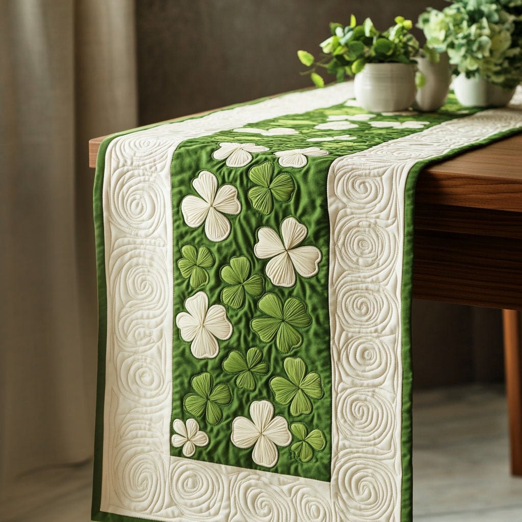 White and Green Clovers on Cream Table Runner