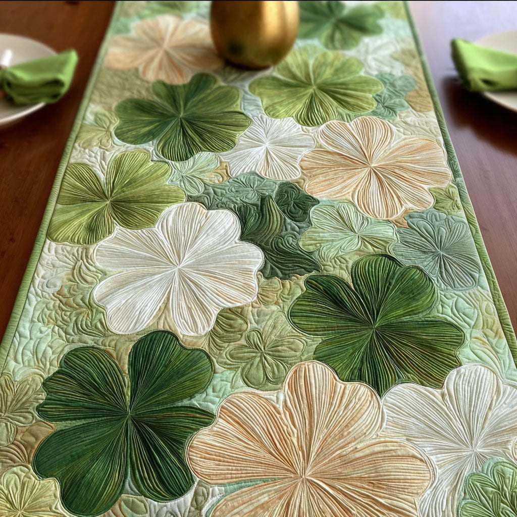 White Blossoms on Green Tonal Table Runner