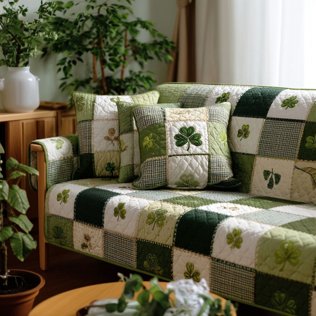 Shamrocks on Green and Cream Patches Sofa Cover
