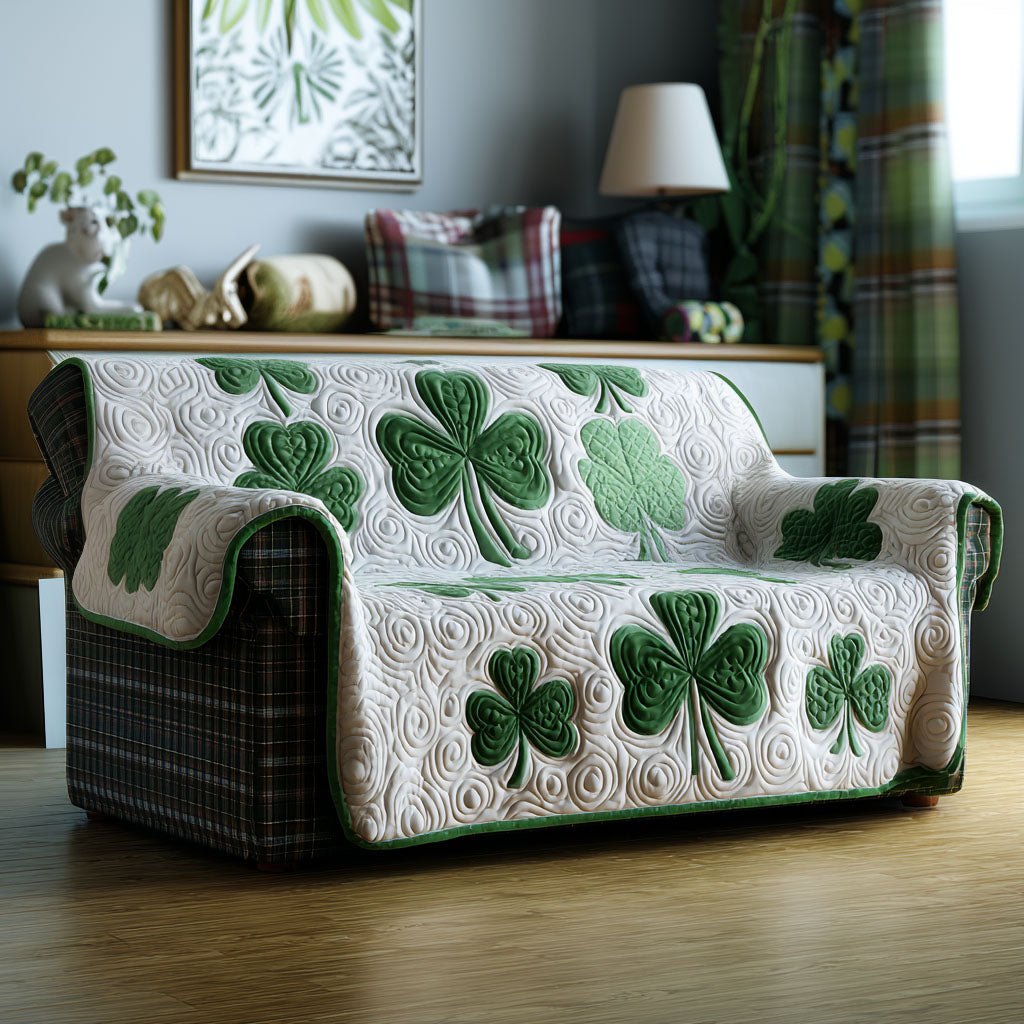 Green Shamrocks on White Swirls Sofa Cover