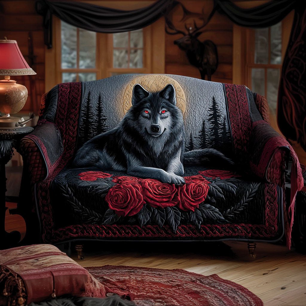 Wolf with Red Roses and Pines Sofa Cover