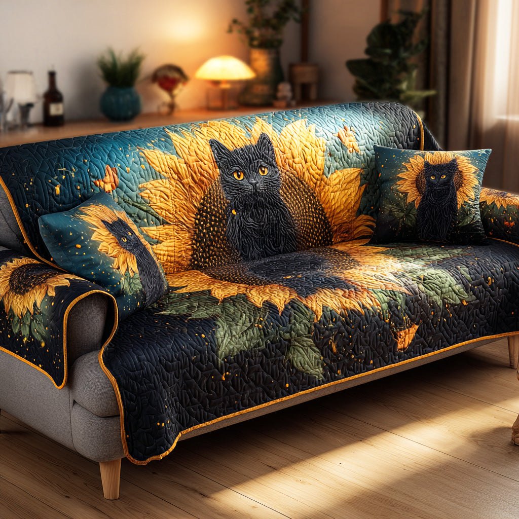 Black Cat Among Sunflowers on Navy Sofa Cover