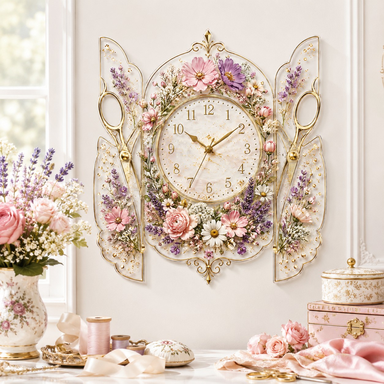 Floral scissors Custom Name Wall Clock — personalized with a custom name