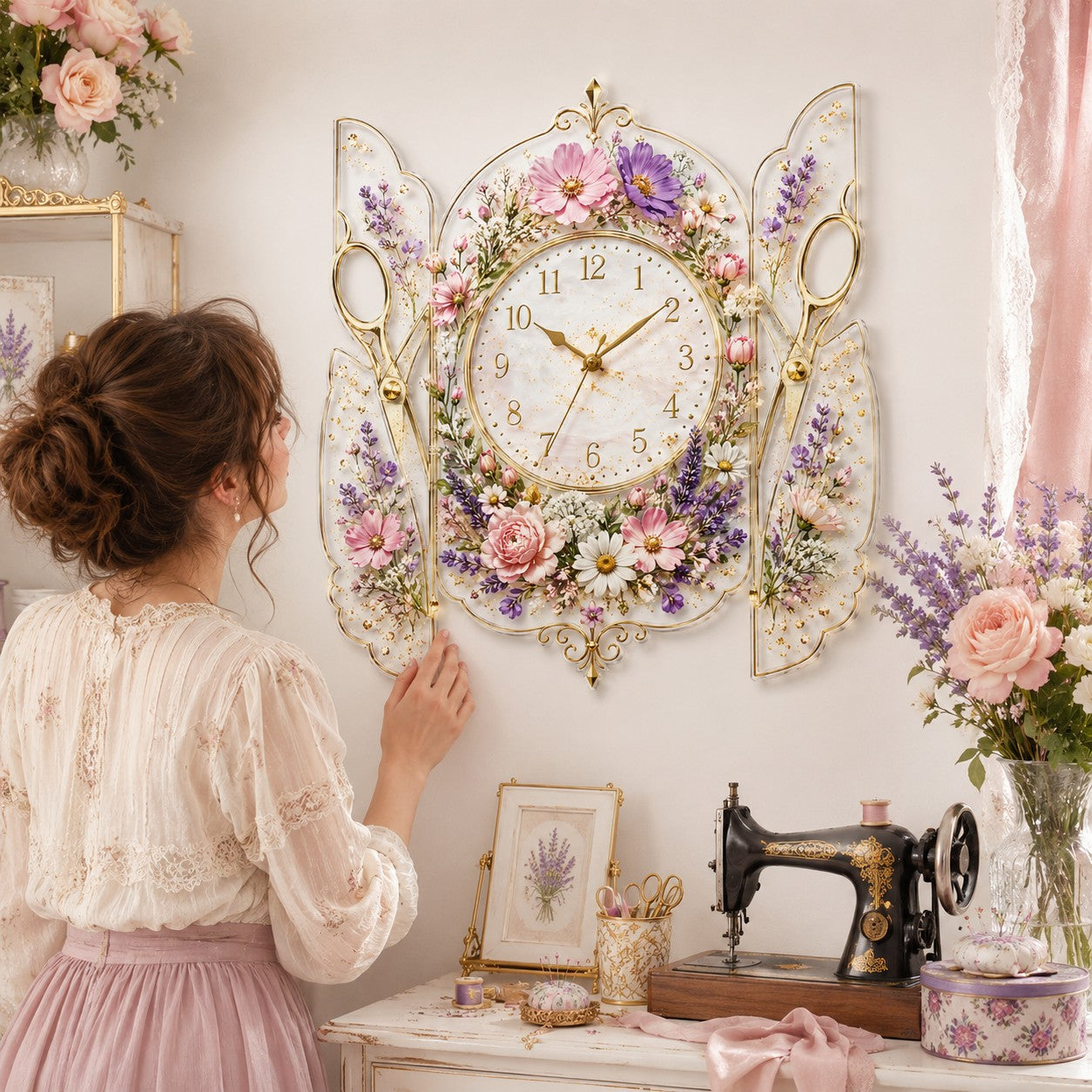 Floral scissors Custom Name Wall Clock — personalized with a custom name