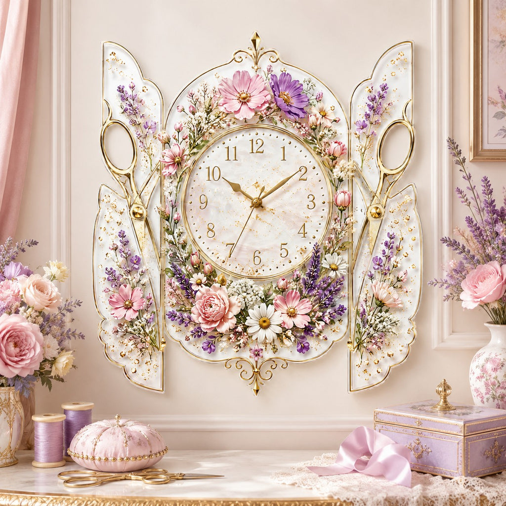 Floral scissors Custom Name Wall Clock — personalized with a custom name
