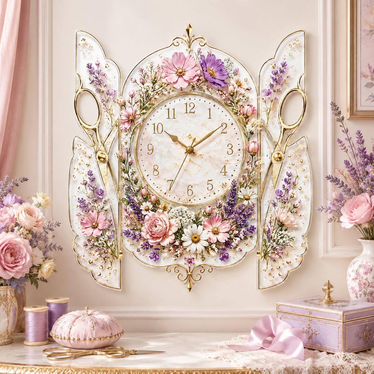 Floral scissors Custom Name Wall Clock — personalized with a custom name