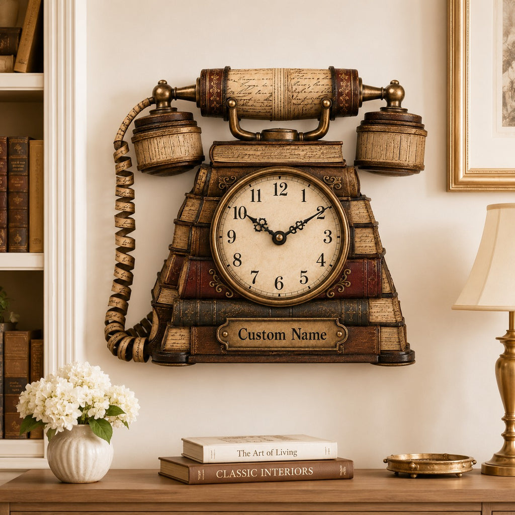 Vintage telephone book lover personalized wall clock — personalized with a custom name