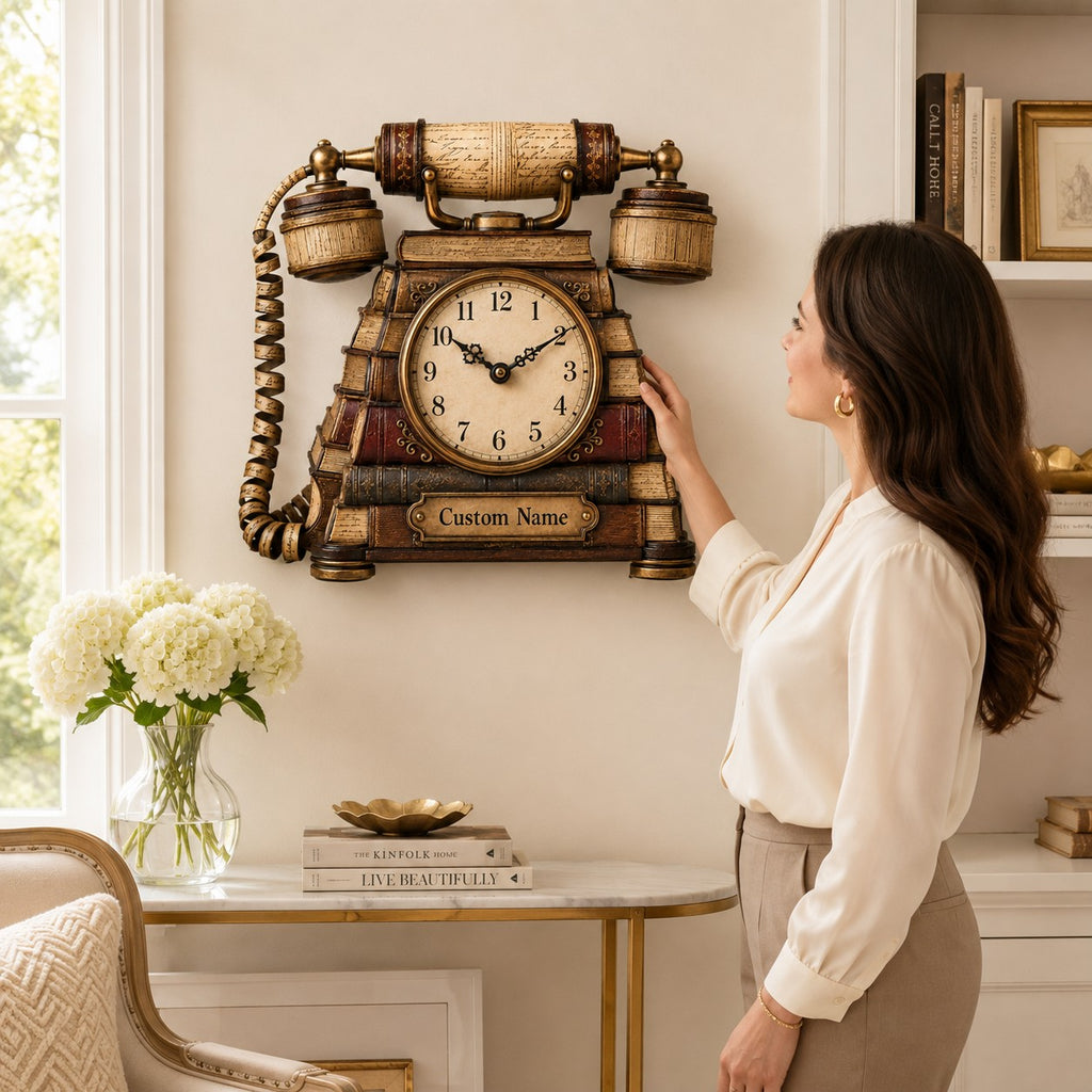 Vintage telephone book lover personalized wall clock — personalized with a custom name