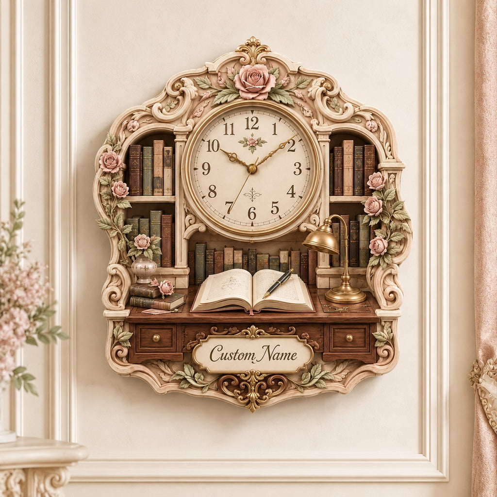 Personalized Floral Library Wall Clock — personalized with a custom name