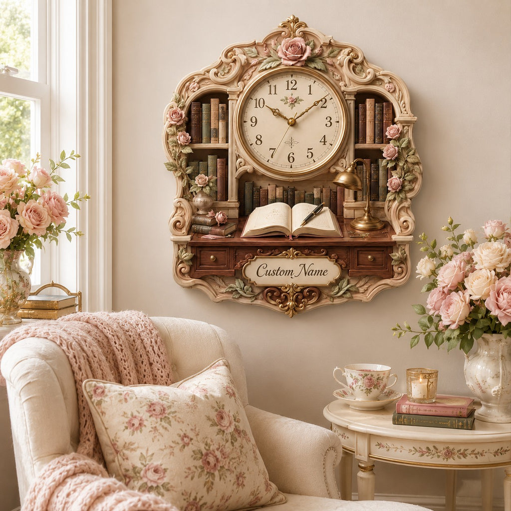 Personalized Floral Library Wall Clock — personalized with a custom name