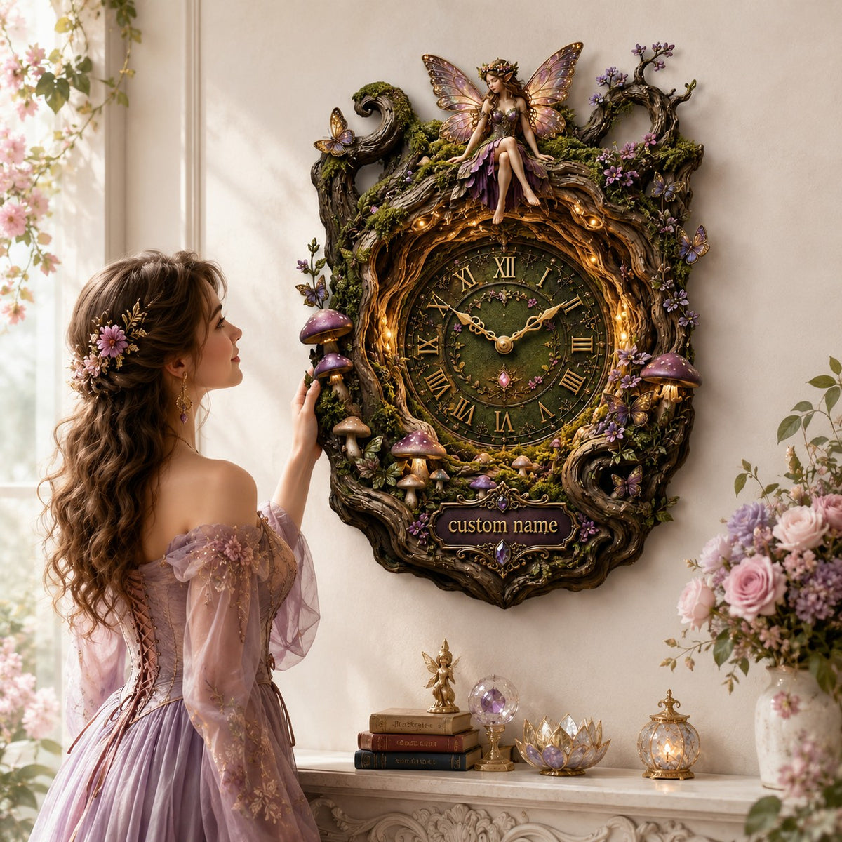Personalized dark enchanted forest fairy wall clock — personalized with a custom name