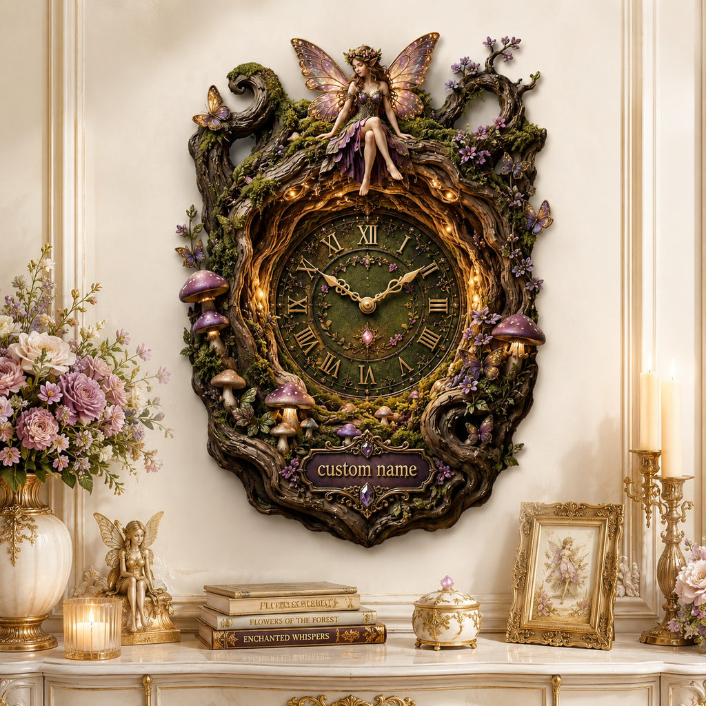 Personalized dark enchanted forest fairy wall clock — personalized with a custom name