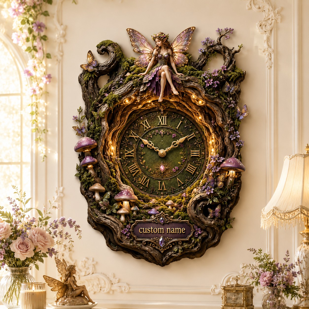 Personalized dark enchanted forest fairy wall clock — personalized with a custom name