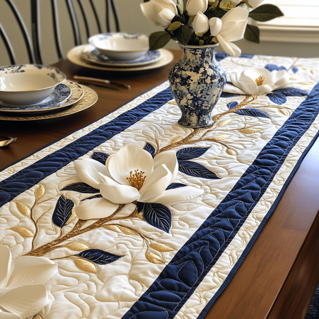 White Magnolia on Navy Stripes Table Runner