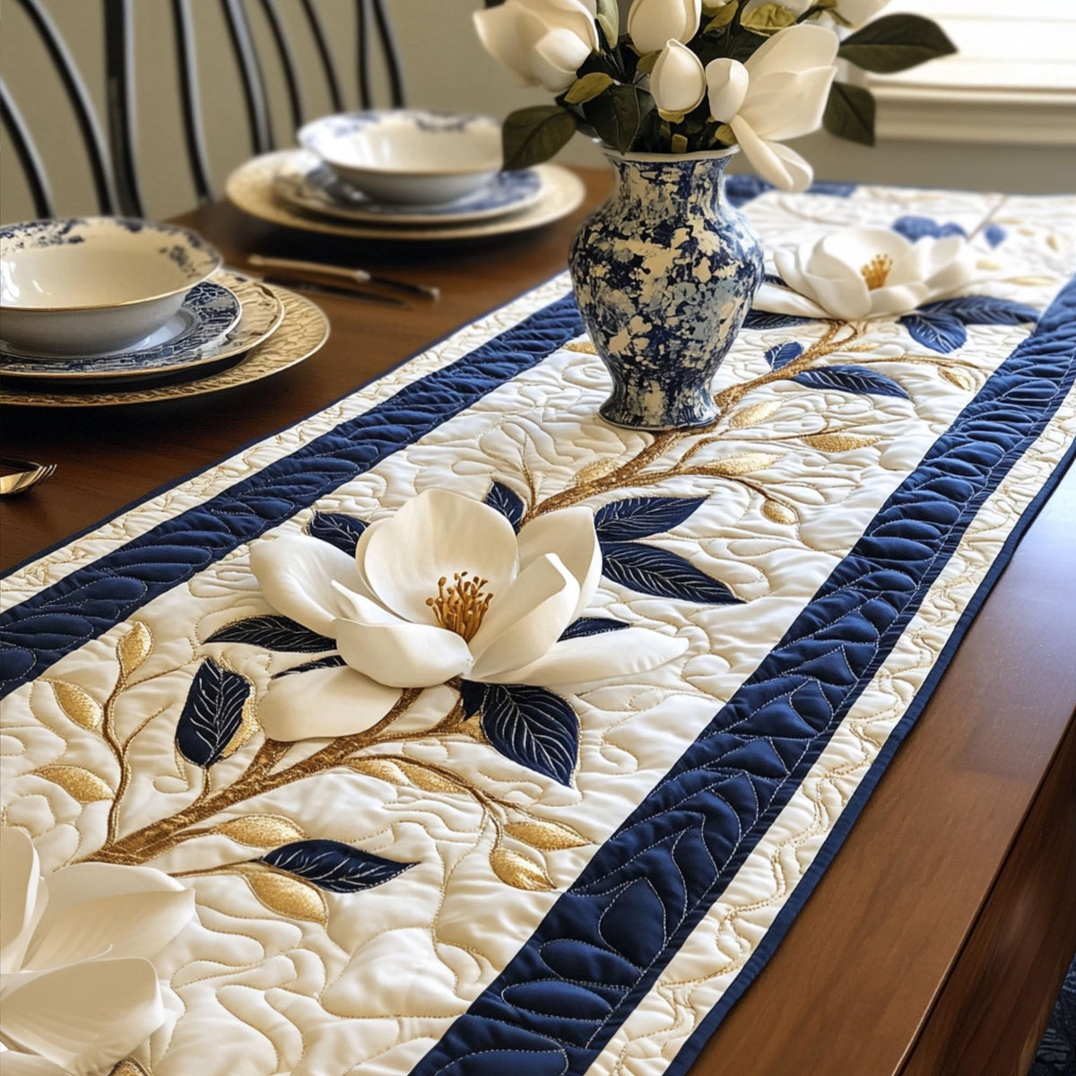 White Magnolia on Navy Stripes Table Runner