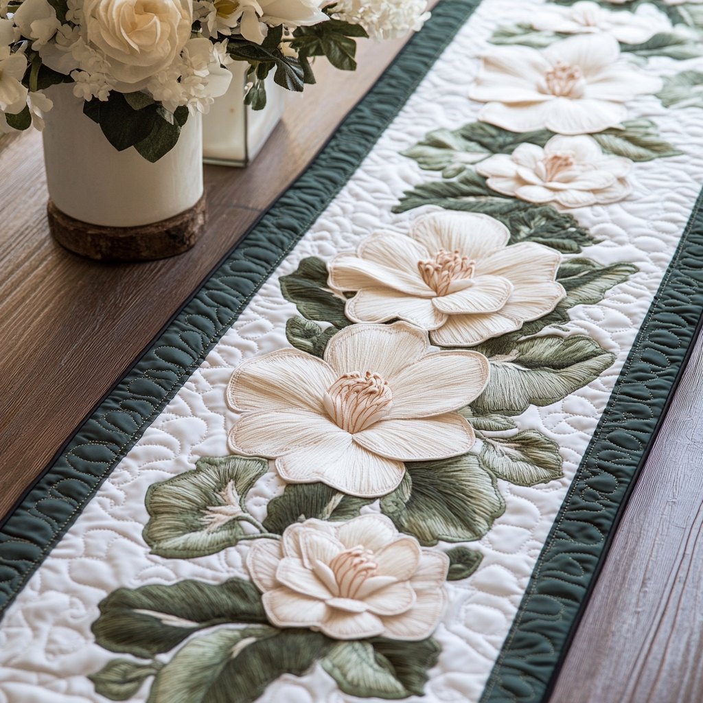 White Magnolia on Green Stripes Table Runner