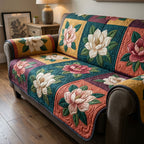 Magnolias and Pink Blooms on Teal Sofa Cover