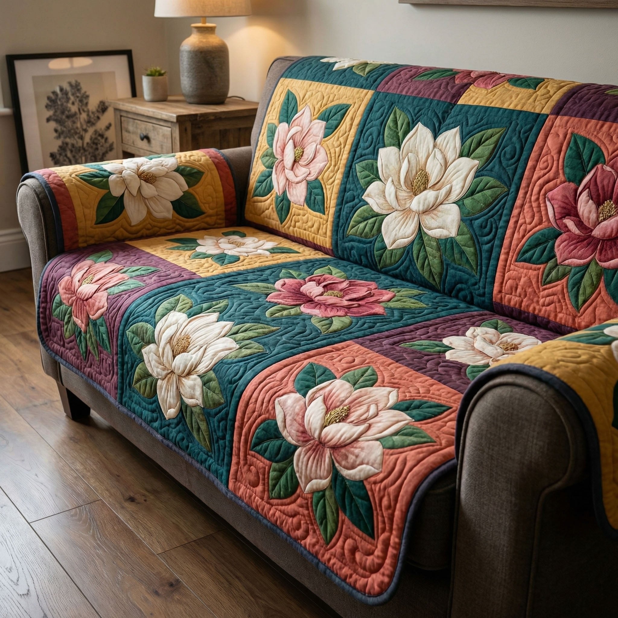 Magnolias and Pink Blooms on Teal Sofa Cover
