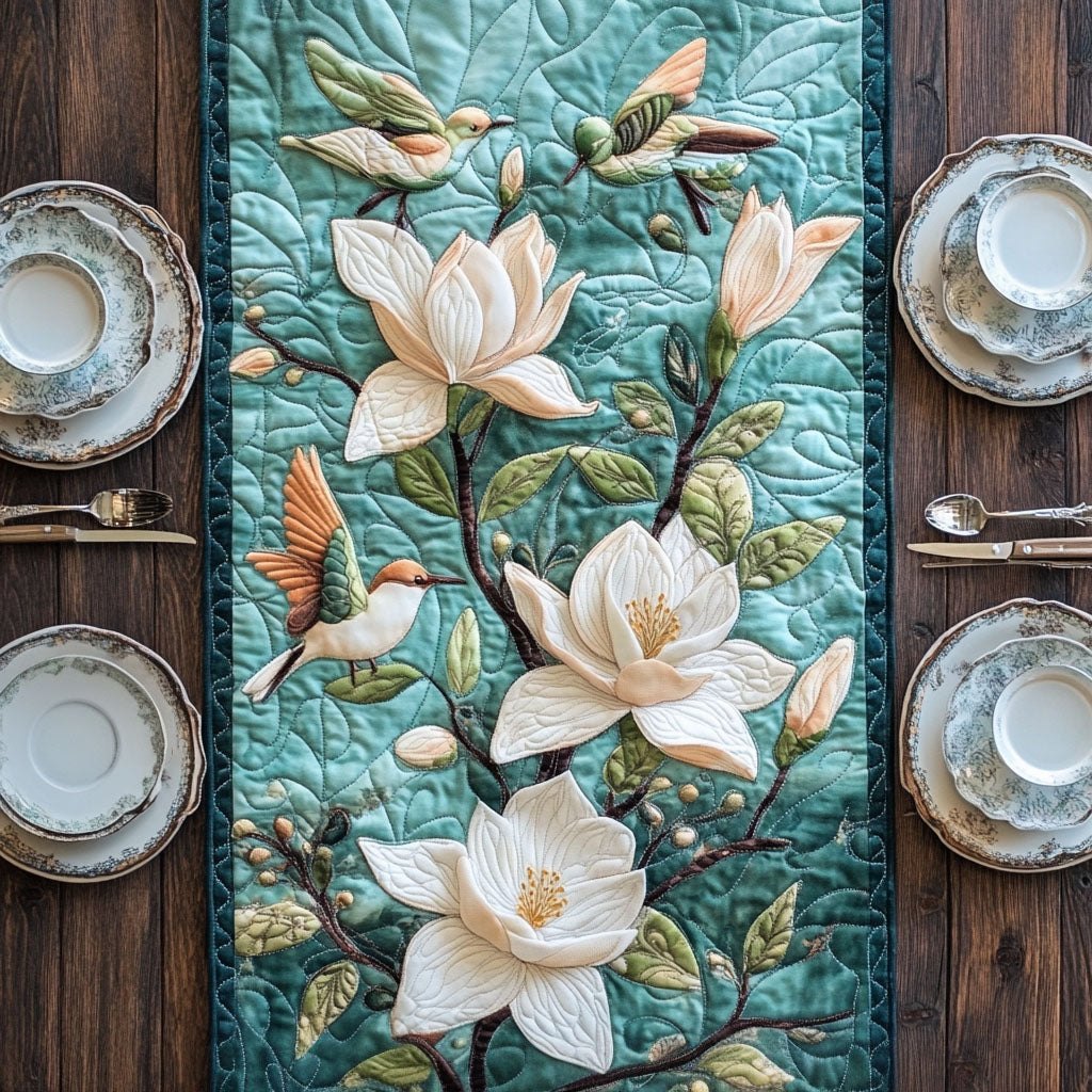 Magnolia Branch on Teal Quilting Table Runner