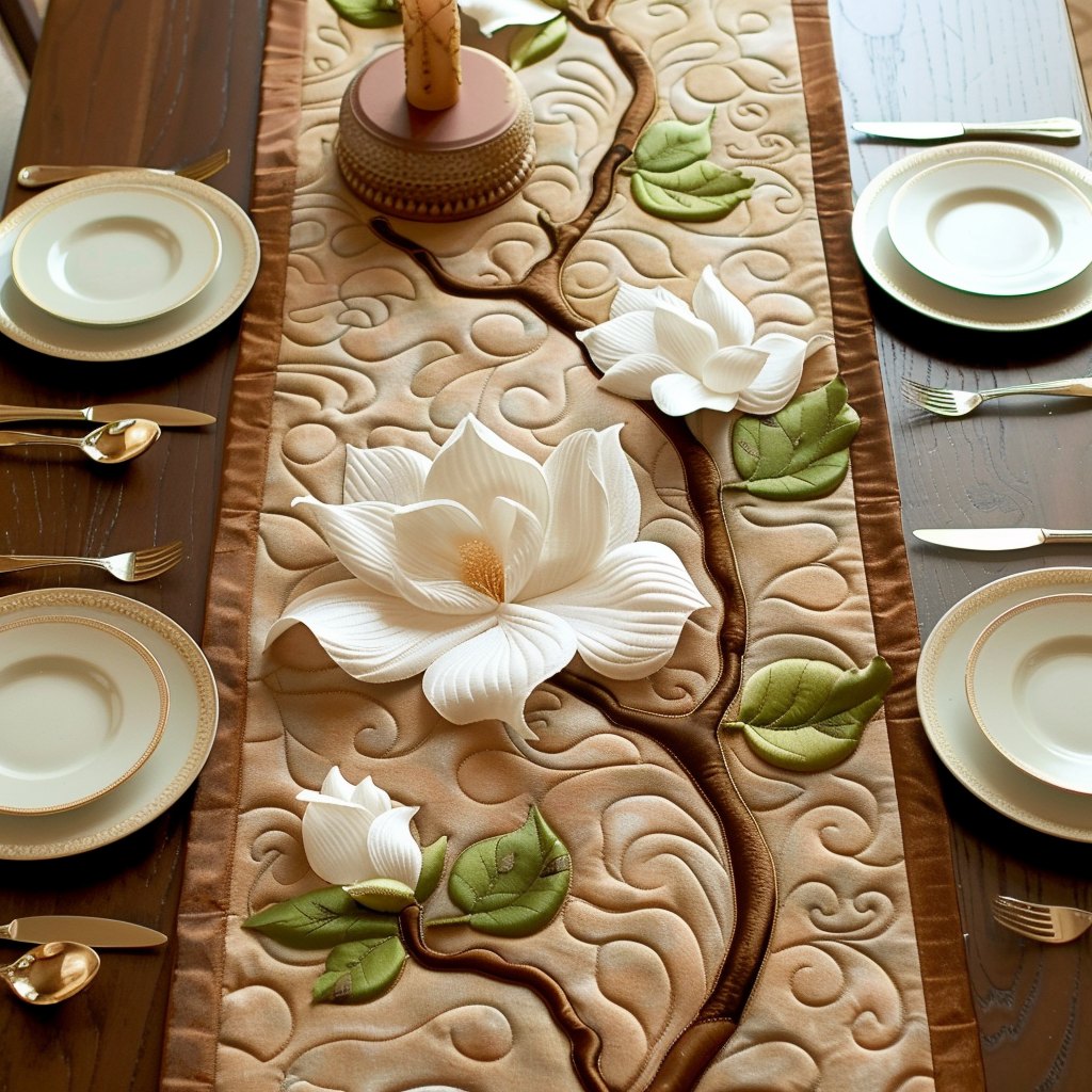 White Magnolia on Tan Swirls Table Runner