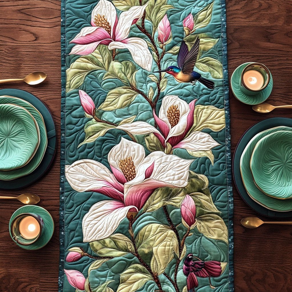 Pink Magnolia on Green Ground Table Runner