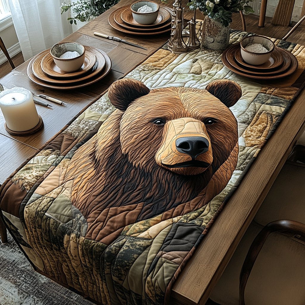 Bear Face on Quilted Grey Table Runner