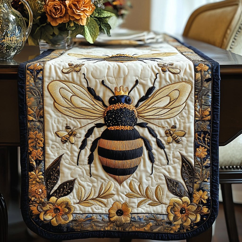 Bee on Cream with Golden Flowers Table Runner