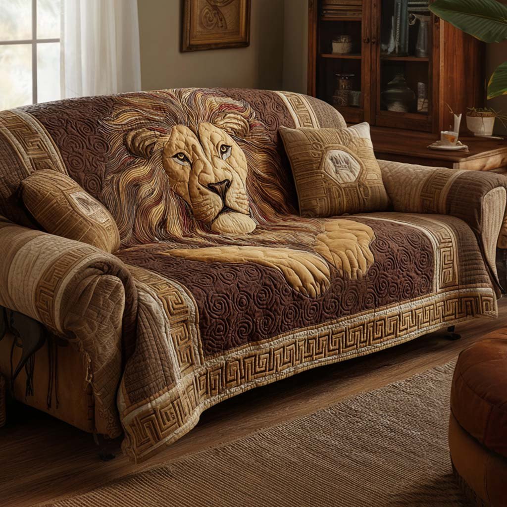 Lion on Brown with Greek Key Border Sofa Cover