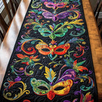Carnival Masks on Black Scrollwork Table Runner