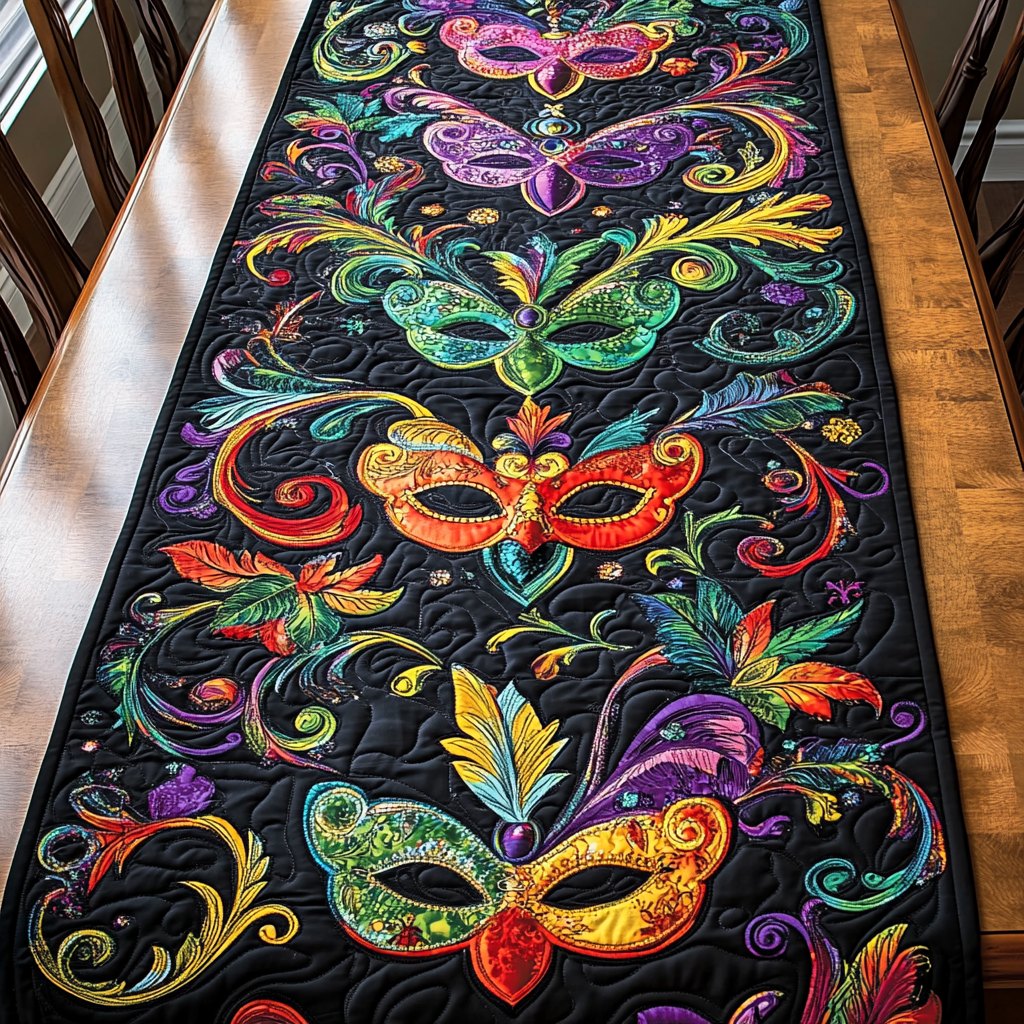 Carnival Masks on Black Scrollwork Table Runner
