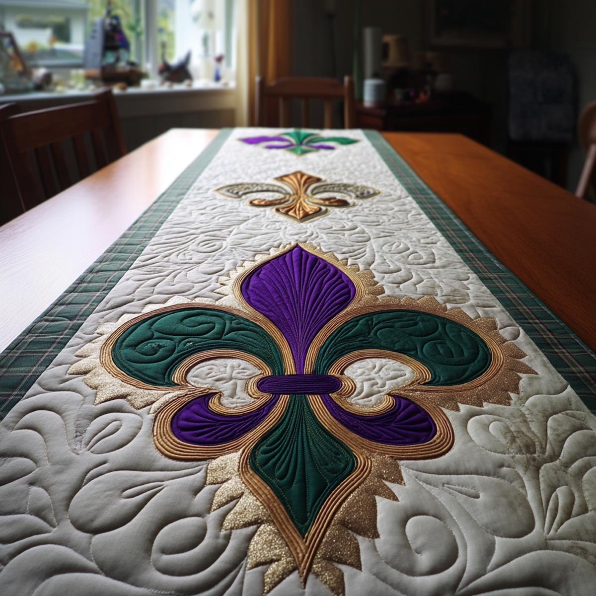 Purple Fleur de Lis on Cream Table Runner