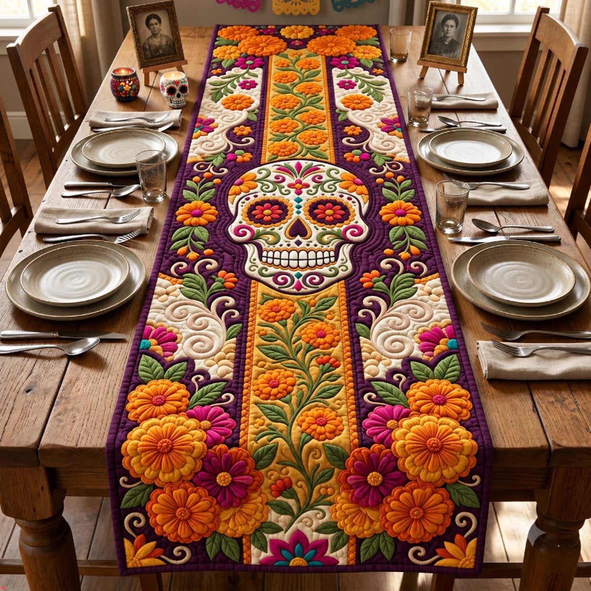 Marigold Sugar Skull Table Runner
