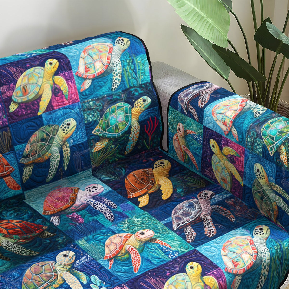 Sea Turtles on Blue and Rose Squares Sofa Cover